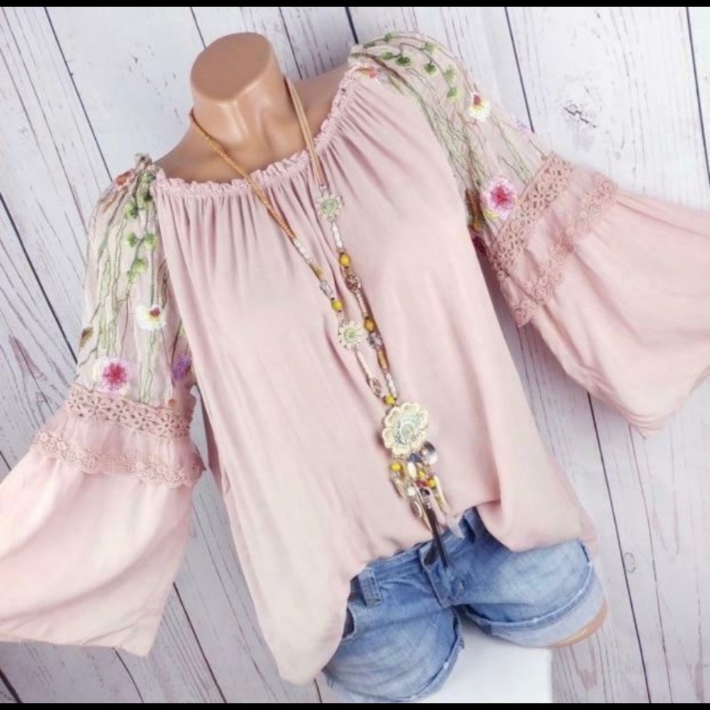 Blush embroidered boho pesant blouse 1x